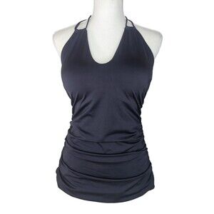 NWT A.Che Akira Tankini Top Black Size 6 8 Halter Tummy Control Busty Ruched